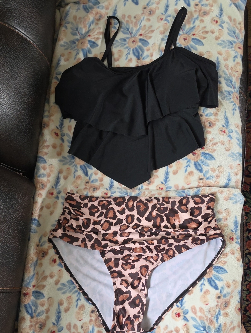 SHEIN Black Ruffle Tankini Top with Leopard High Waist Bikini Bottoms